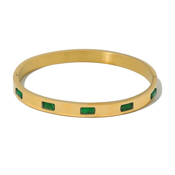 18K Gold Plated Bangle Bracelet*Baguette Tennis*Emerald Cut*Green Birthstone*JD - Picture 6 of 6